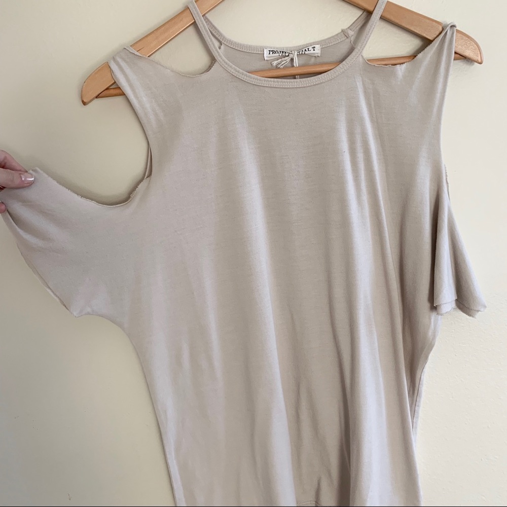 Project Social T Beige Suede Cold Shoulder Top